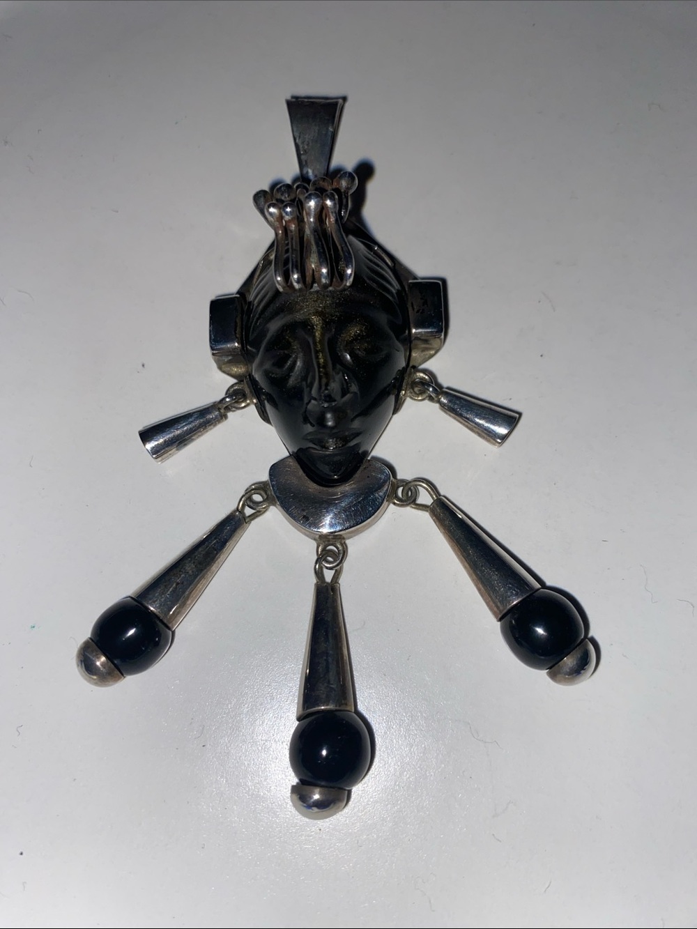 Unique hand carved black stone pendant-Cool!! SS 925